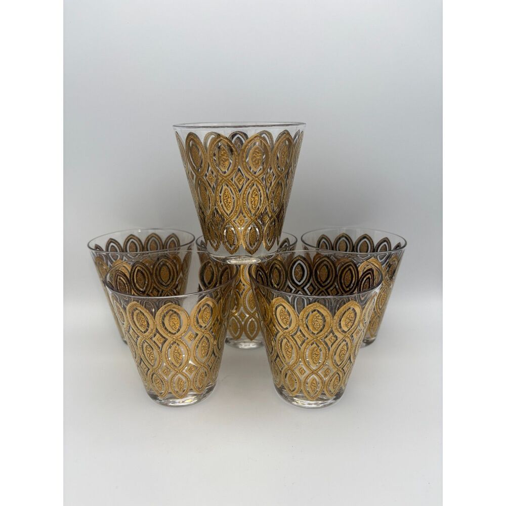 Set of 5 Gold Accent Double Old Fashion Low Ball Glasses Hollywood Regency MCM